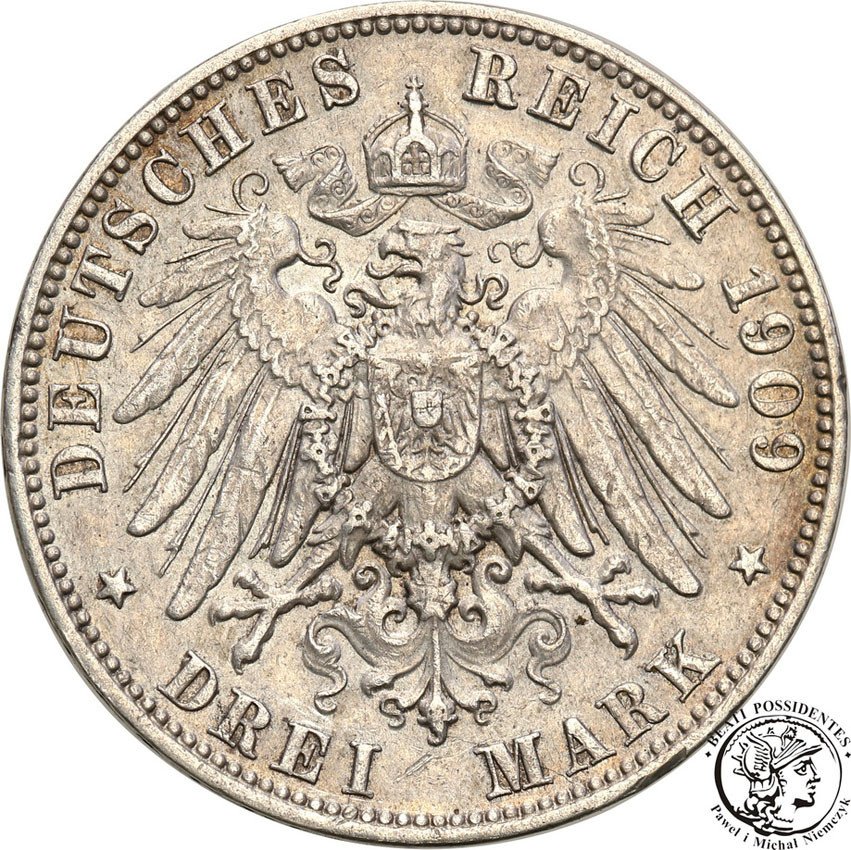 Niemcy, Saksonia. 3 marki 1909 E